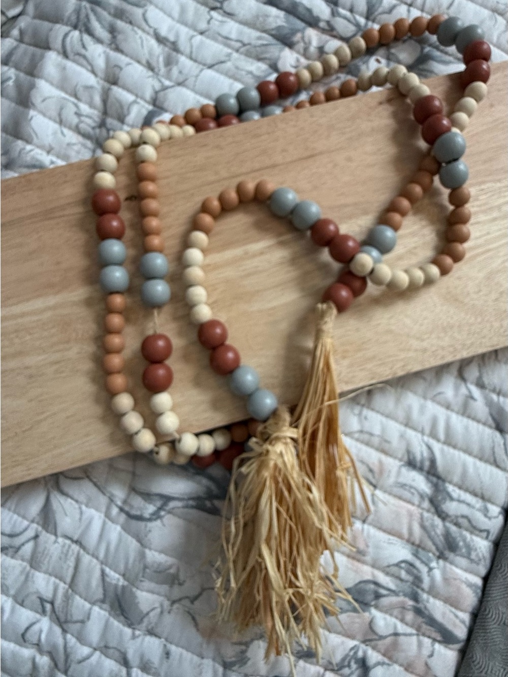 Decorative Wooden Bead Garland with Tassels - Neutral Blue, Brown & Cream